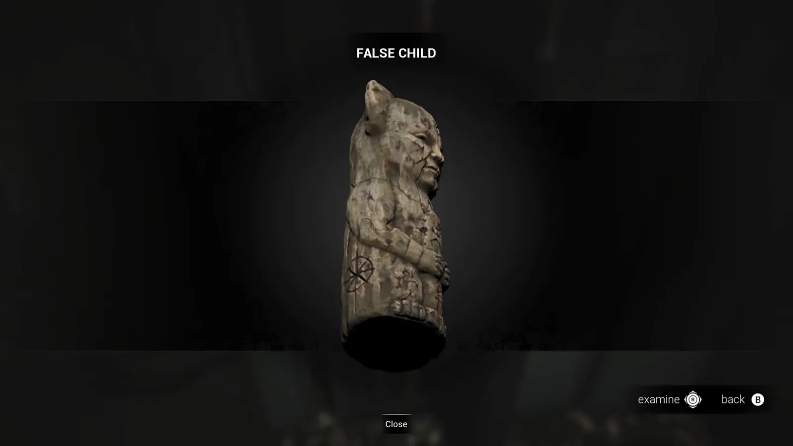 Item inspection screen showing a carved wooden totem labelled False Child centered on a black field