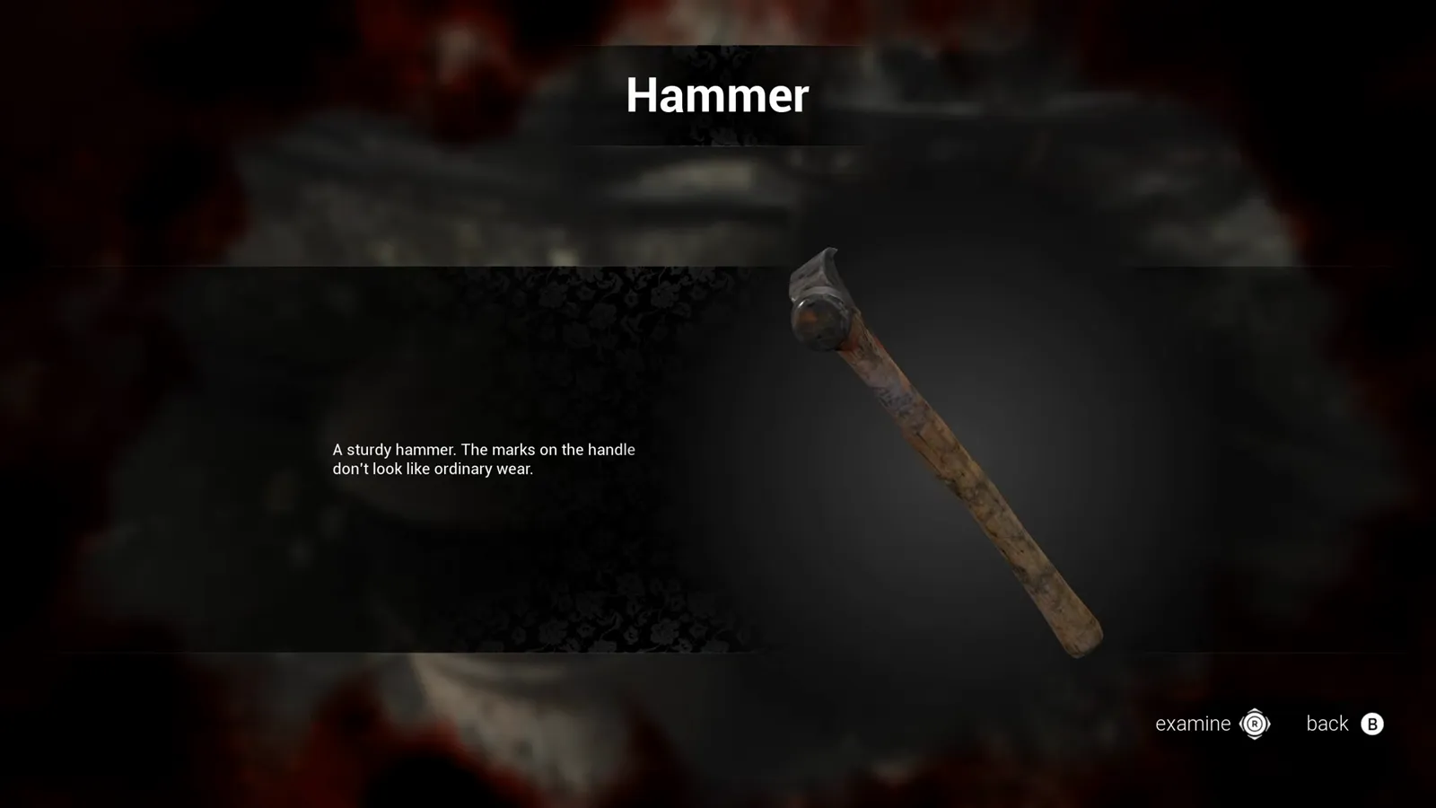 Item inspection interface displaying a hammer icon and the label Hammer against a dark blurred background