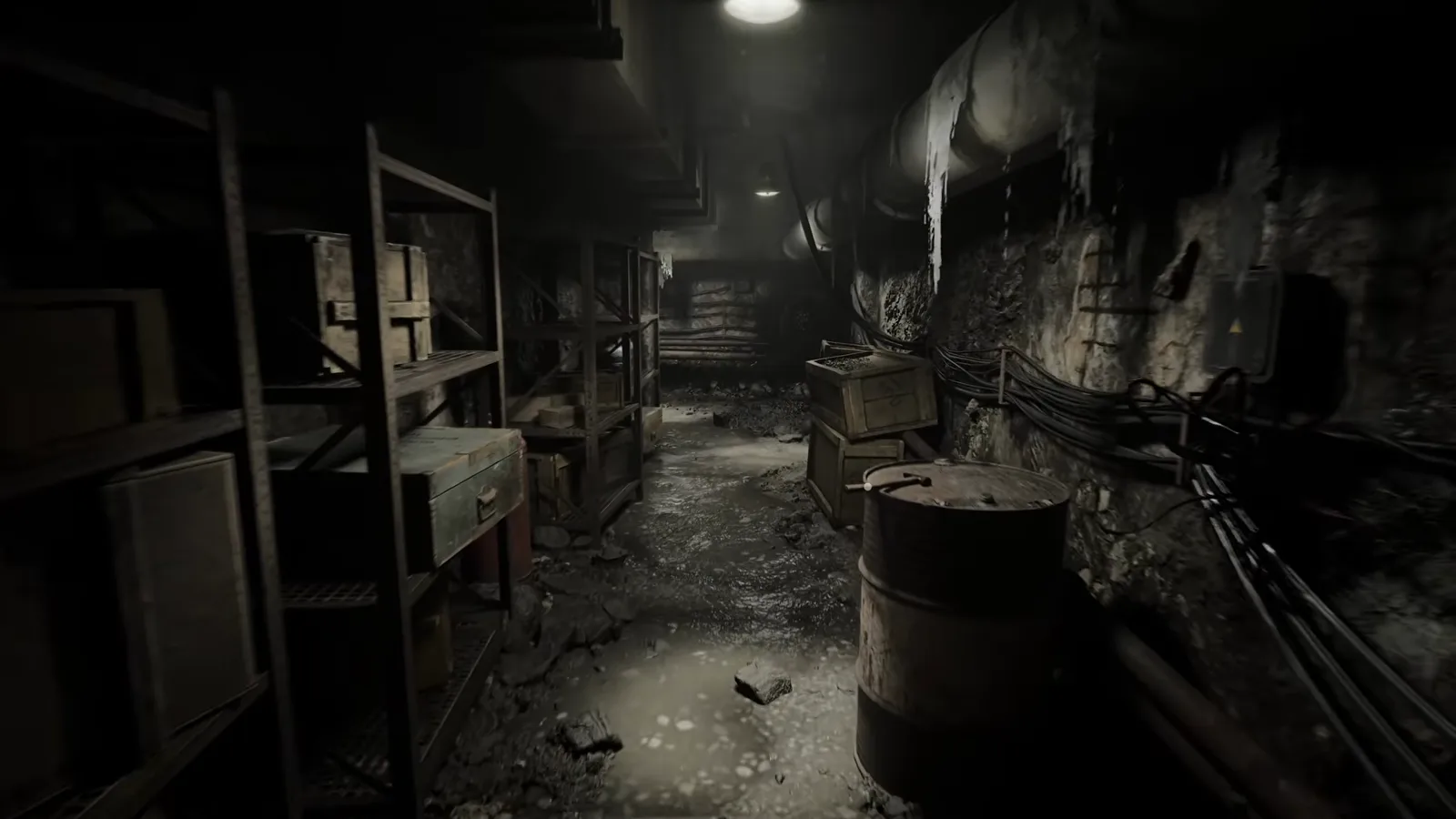 Dim concrete tunnel with an orange valve wheel on a sealed door, from the official Nature of Dread gameplay video
